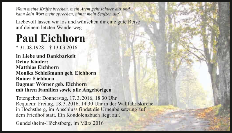  Traueranzeige für Paul Eichhorn vom 16.03.2016 aus 
