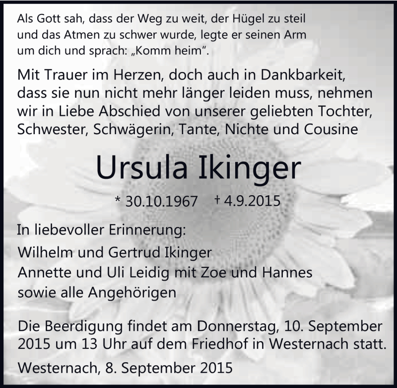  Traueranzeige für Ursula Ikinger vom 08.09.2015 aus 