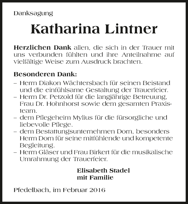  Traueranzeige für Katharina Lintner vom 06.02.2016 aus 