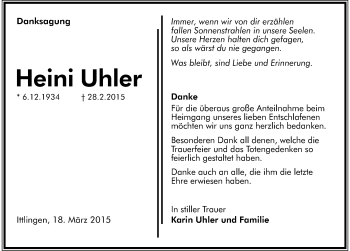 Traueranzeige von Heini Uhler 