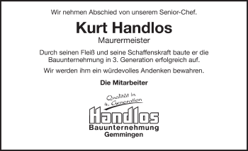 Traueranzeige von Kurt Handlos 