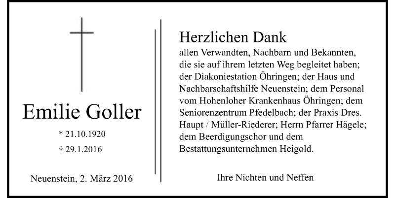  Traueranzeige für Emilie Goller vom 02.03.2016 aus 