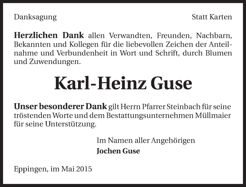  Traueranzeige für Karl-Heinz Guse vom 08.05.2015 aus 
