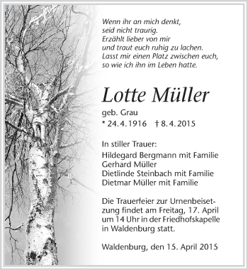 Traueranzeige von Lotte Mueller 