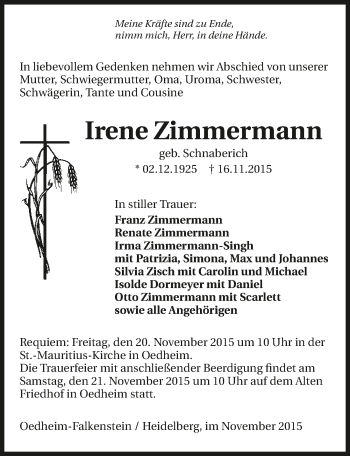 Traueranzeige von Irene Zimmermann 