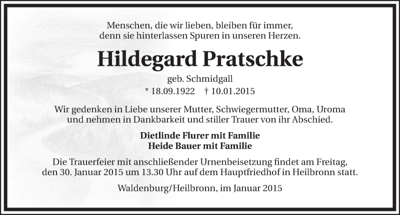  Traueranzeige für Hildegard Pratschke vom 24.01.2015 aus 