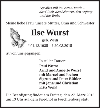 Traueranzeige von Ilse Wurst 
