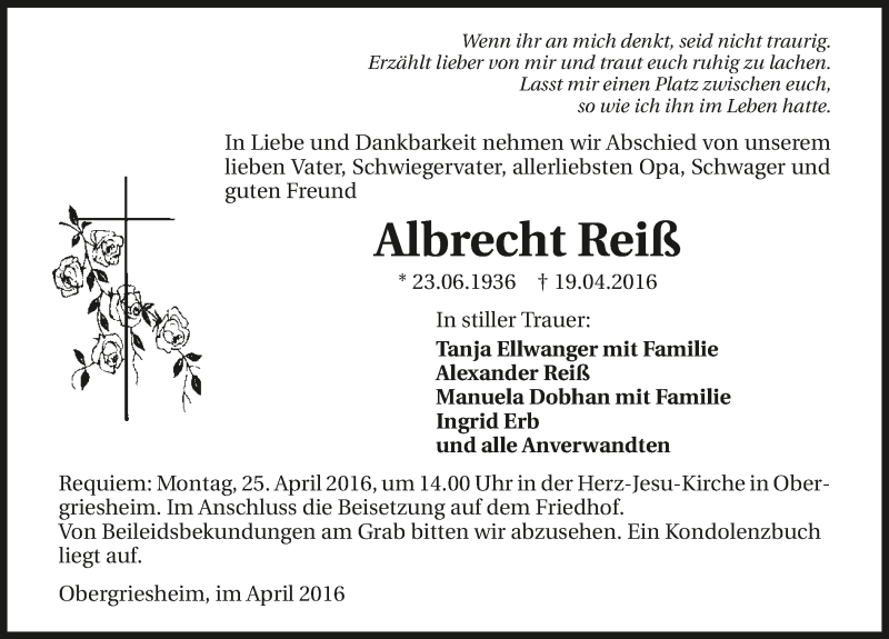  Traueranzeige für Albrecht Reiß vom 23.04.2016 aus 