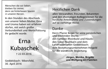 Traueranzeige von Erna Kubaschek 