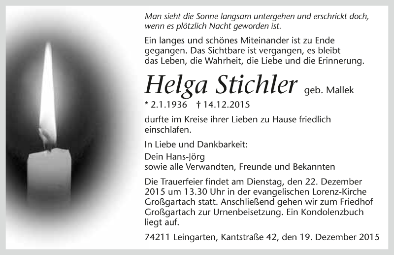  Traueranzeige für Helga Stichler vom 19.12.2015 aus 