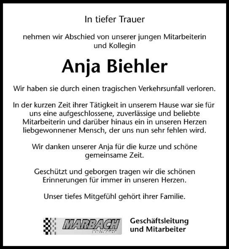  Traueranzeige für Anja Biehler vom 14.10.2009 aus 