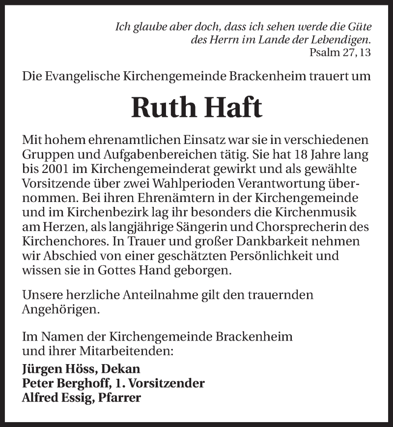  Traueranzeige für Ruth Haft vom 17.04.2015 aus 
