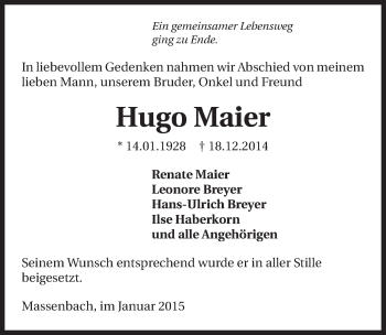 Traueranzeige von Hugo Maier 