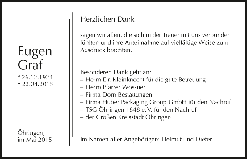  Traueranzeige für Eugen Graf vom 30.05.2015 aus 