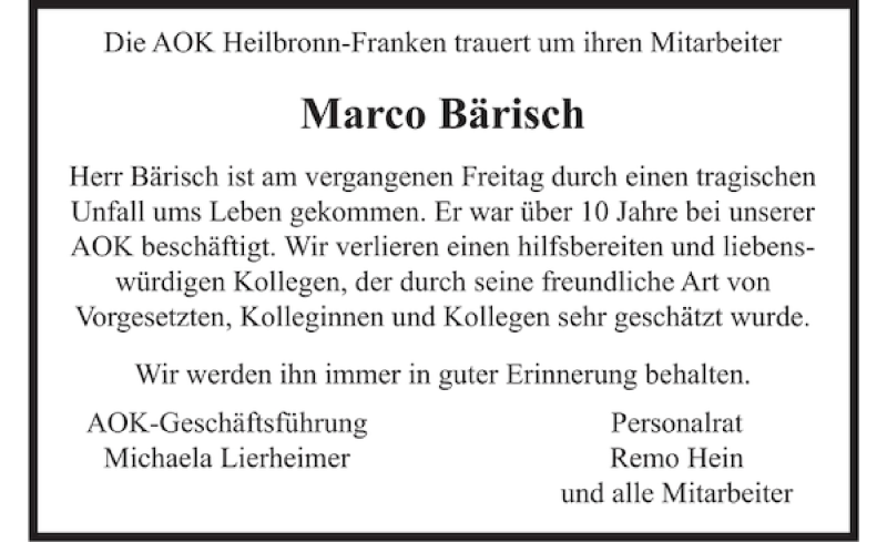  Traueranzeige für Marco Bärisch vom 19.07.2011 aus 