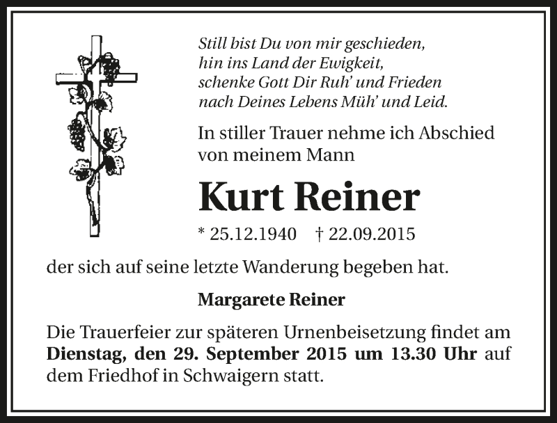  Traueranzeige für Kurt Reiner vom 25.09.2015 aus 