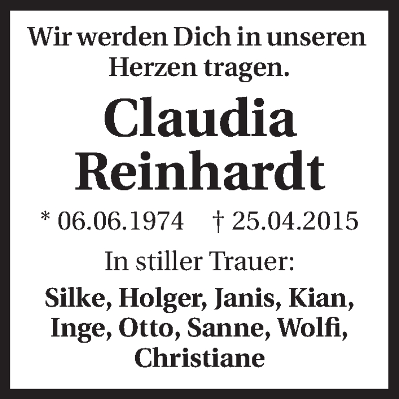  Traueranzeige für Claudia Reinhardt vom 27.04.2015 aus 