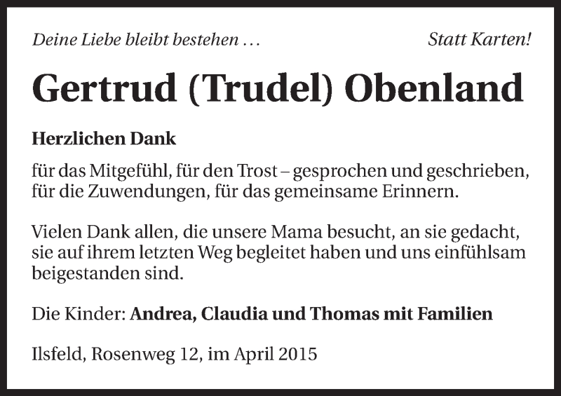  Traueranzeige für Gertrud Obenland vom 22.04.2015 aus 