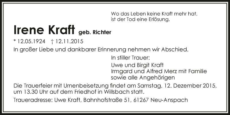  Traueranzeige für Irene Kraft vom 07.12.2015 aus 