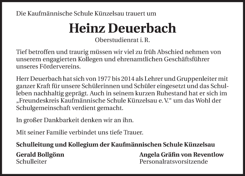  Traueranzeige für Heinz Deuerbach vom 12.02.2015 aus 