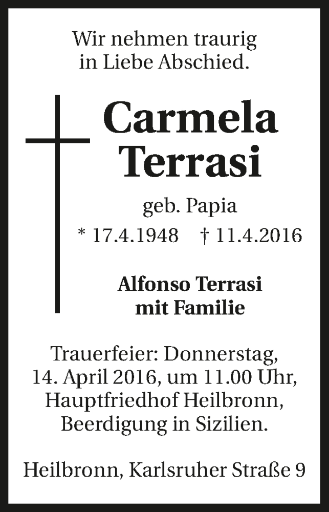  Traueranzeige für Carmela Terrasi vom 13.04.2016 aus 