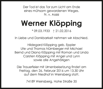 Traueranzeige von Werner Klöpping 