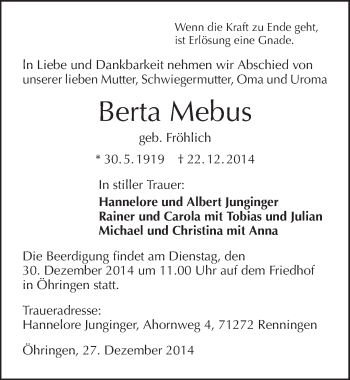 Traueranzeige von Berta Mebus 