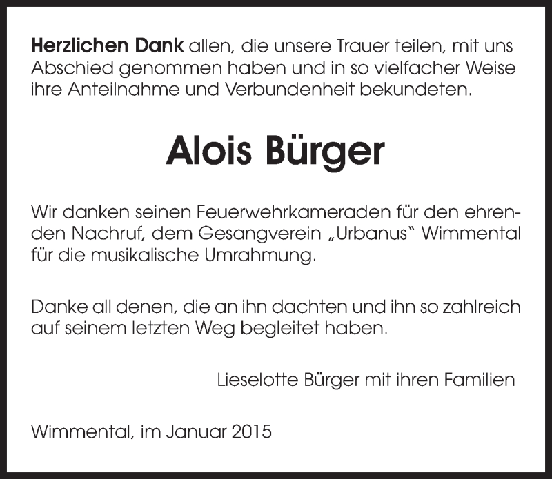  Traueranzeige für Alois Bürger vom 17.01.2015 aus 