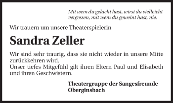 Traueranzeige von Sandra Zeller 