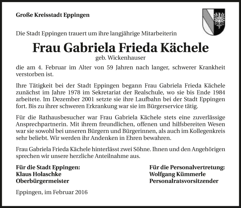  Traueranzeige für Gabriela Frieda Kächele vom 12.02.2016 aus 