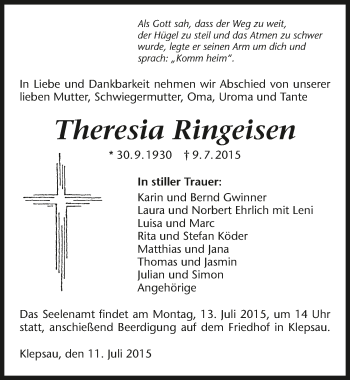 Traueranzeige von Theresia Ringeisen 