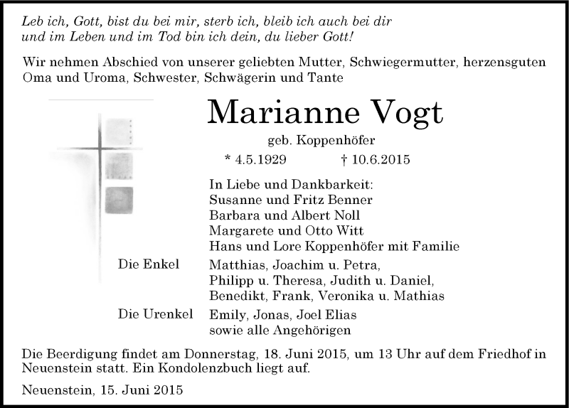  Traueranzeige für Marianne Vogt vom 15.06.2015 aus 