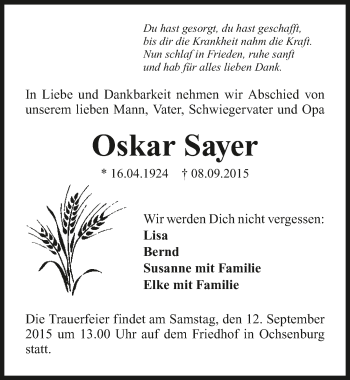 Traueranzeige von Oskar Sayer 
