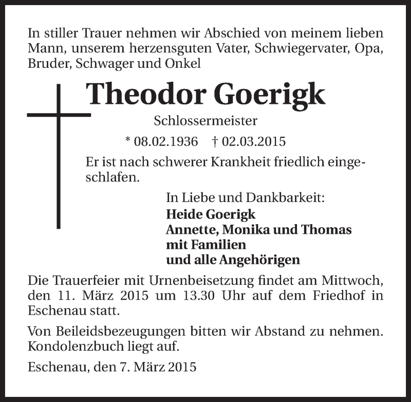  Traueranzeige für Theodor Goerigk vom 07.03.2015 aus 