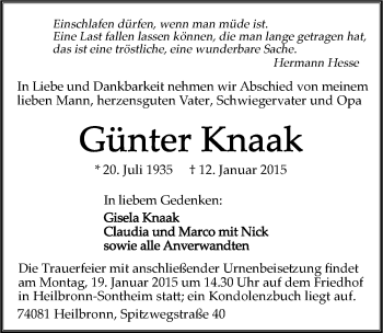 Traueranzeige von Günter Knaak 