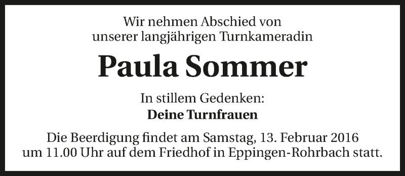 Traueranzeige für Paula Sommer vom 12.02.2016 aus 
