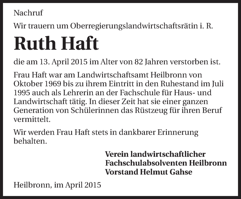  Traueranzeige für Ruth Haft vom 21.04.2015 aus 