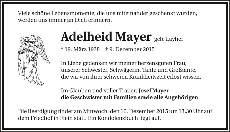  Traueranzeige für Adelheid Mayer vom 12.12.2015 aus 