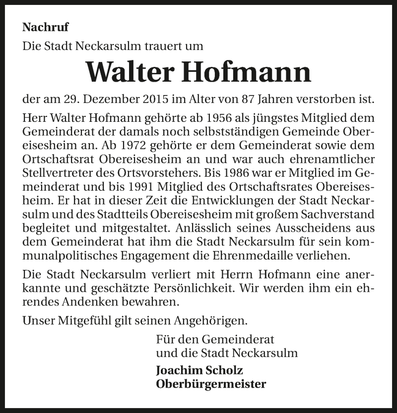  Traueranzeige für Walter Hofmann vom 16.01.2016 aus 