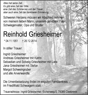 Traueranzeige von Reinhold Griesheimer 