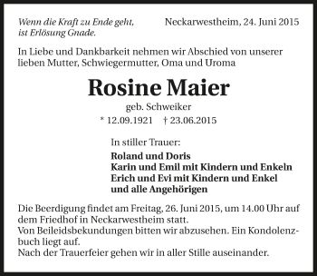 Traueranzeige von Rosine Maier 