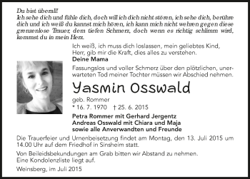 Traueranzeige von Yasmin Osswald 