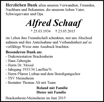 Traueranzeige von Alfred Schaaf 