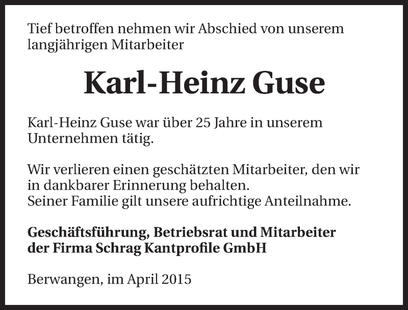  Traueranzeige für Karl-Heinz Guse vom 25.04.2015 aus 