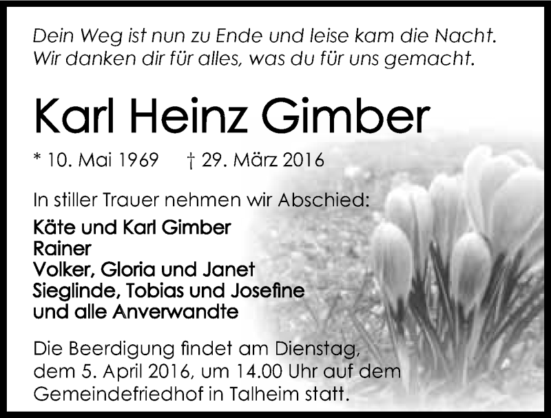  Traueranzeige für Karl Heinz Gimber vom 02.04.2016 aus 
