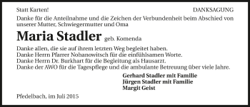 Traueranzeige von Maria Stadler 