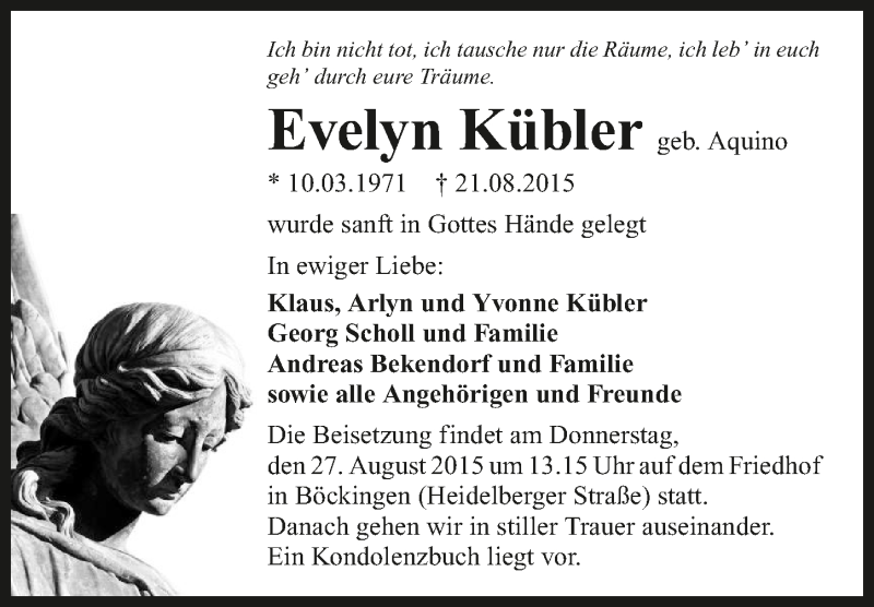  Traueranzeige für Evelyn Kübler vom 25.08.2015 aus 