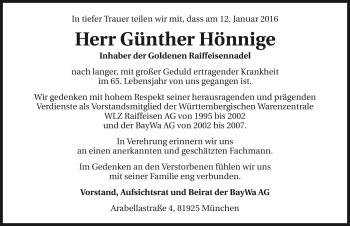 Traueranzeige von Günther Hönnige 