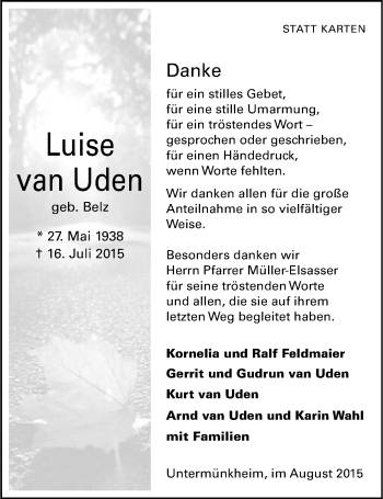 Traueranzeige von Luise van Uden 