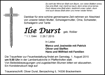 Traueranzeige von Ilse Durst 